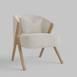 High-quality 3D rendered beige fabric chair with wooden legs, suitable for Blender graphic projects.