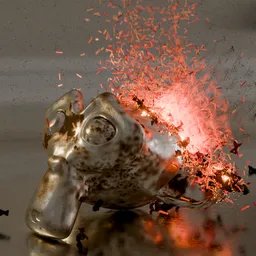 Procedural 3D destruction scene with exploding monkey model using Blender's Geometry Nodes.