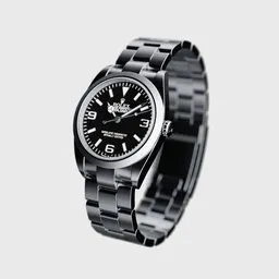 "Lowpoly Rolex Explorer I wristwatch 3D model with full textures, perfect for gaming and ecommerce photography. Created using Blender 3D and inspired by The Mazeking. Realistic render with black bracelet and high contrast, ideal for general's uniform and clothing-accessory designs. Available on BlenderKit for 1000.com by Leonid."