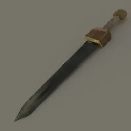 Detailed 3D rendering of an ancient Roman gladius with textured grip and brass hilt crafted using Blender.