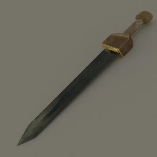 Detailed 3D rendering of an ancient Roman gladius with textured grip and brass hilt crafted using Blender.