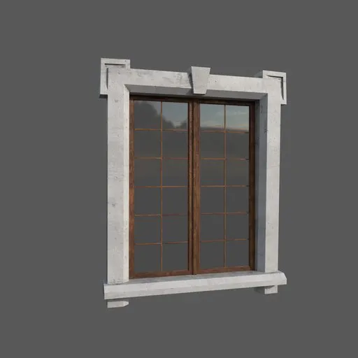 Detailed 3D rendered classical window with textured stone lintel and wooden frame, designed for Blender lowpoly architectural visualizations.