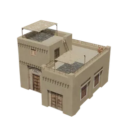 "Low poly 3D model of a traditional Middle Eastern house for outdoor use in Blender 3D. This model depicts a building with an Arab-inspired design, complete with a roof and metal shutter. Ideal for creating a small neighborhood or 'fareej' scene in the Middle East."