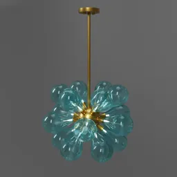 "Blue and gold crystal ceiling lamp - a modern and luxurious light fixture for residential and public spaces. Features a blue glass flower hanging from a gold metal pole, with dynamic pearlescent teal lighting. Perfect for midcentury modern decor or stellar space themes. Available in FBX format and created with Blender 3D software."