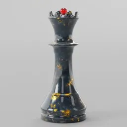Realistic 3D-rendered queen chess piece with intricate gold and black marble details and a red gem accent for Blender.