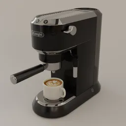 Realistic Blender 3D model of an espresso machine with a textured cup of coffee, ideal for kitchen renderings.