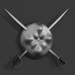 "Blender 3D model of a sword and shield in DND style with 8K fabric texture details, polished metal finish, and inspired by artist Kazimierz Wojniakowski. Perfect for martial arts and fantasy game design."