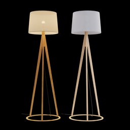 "Floor lamp with two white shades, featuring golden organic structures and long thin legs. A Scandinavian-inspired 3D model for Blender 3D by Domenico Zampieri, with simplified forms, vivic colors, and high quality product image."