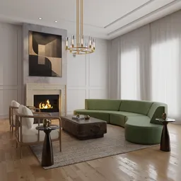 Realistic 3D-rendered living room scene with modern green sofa, fireplace, and elegant lighting.