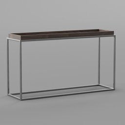 "Tray Top Console Table - A stylish metal and wood table with a glass top, perfect for any bedroom. This 3D model, created using Blender 3D, showcases the intricate details of the table design, featuring feed troughs and a top lid. Enhance your Blender 3D projects with this rectangular, dark-colored tray top console table."