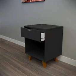 Realistic Blender 3D model of a black bedside table with angled wooden legs and an open compartment.