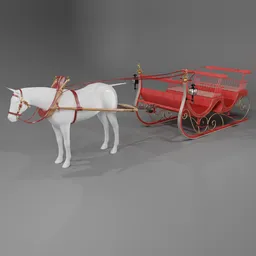 Detailed 3D model of a red horse-drawn sleigh with bell and yoke, suitable for Blender rendering.