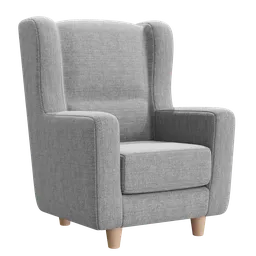 High-quality 3D model of a modern light gray armchair with wooden legs for Blender rendering.