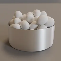 "3D model of a modern metallic bowl filled with eggs, created in Blender 3D. The bowl is placed on a silver platter, surrounded by a white box. Rendered using the Redshift renderer by Bholekar Srihari, featured on CGSociety. Perfect for Blender enthusiasts looking for a realistic food-themed 3D model."