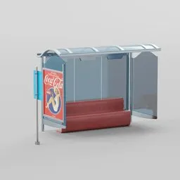 "Blender 3D model of a wooden and metal trash can and glass bus stop with an advertising billboard and bus stop sign. Inspired by Lodewijk Bruckman's de stijl concept, untextured and realistic metal. Created by Karel Klíč in c4d format."