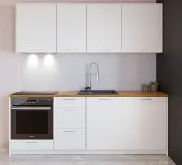 3D-rendered modern kitchen model with appliances, white cabinets, wooden countertop for Blender design.