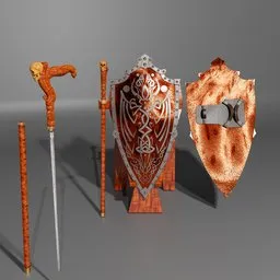 Intricate 3D sword in cane with ornate shield on stand for Blender rendering and decoration.