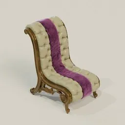 Detailed 3D rendering of a luxurious Baroque chair with intricate wood detailing and plush 2k texture materials, compatible with Blender.