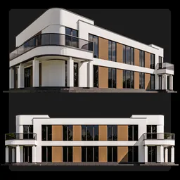 "Explore a stunning and modern Duplex House Building by M3D, featuring balconies, rounded roof and polygonal wooden walls. This untextured 3D model is ideal for game rendering, architectural visualization and more. Created using Blender 3D software and available in the Public category at BlenderKit."