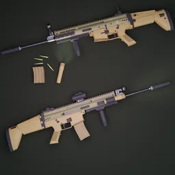 "US Fn Scar L FK 16 3D model for Blender 3D - realistic and detailed equipment with desert and stock colors, featuring a Lion icon, golden ratio composition, and utilitarian design. High-quality UV and rig makes it easy to bake with any level of detail. Created with Blender 3D software."