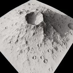 "Discover the highly detailed 2x2km Moon Vulcan Surface Terrain 3D model for Blender 3D with intricate details and a fascinating crater feature. This stunning landscape rendering includes a displacement map for added dimension and texture, making it the perfect choice for your next creative project."