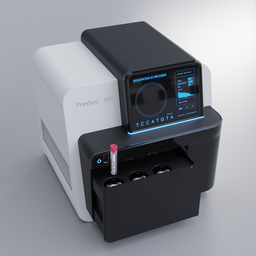 Highly detailed Blender 3D model of a modern DNA sequencing machine with interactive touchscreen and sample tubes.