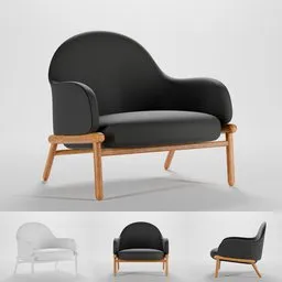 Highly-detailed Blender 3D model of a modern single-seat sofa with sleek black upholstery and wooden legs.