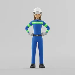 "Viky, a female character rig in a blue uniform and helmet, perfect for construction-themed projects in Blender 3D. With clean topology, low polygon modeling, UV arrangement and rigging, she's ready for seamless animation. Please note, blend shapes are not included and weight painting may require adjustments."