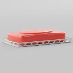 Detailed 3D rendering of red bar soap on dish, designed in Blender for utility and bathroom visualization.
