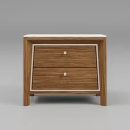 "Wooden side table with two drawers, inspired by Balcomb Greene and Hiroshi Nagai, in a brown and white color palette. Perfect for use as a nightstand or in a hallway. Created with Blender 3D software."