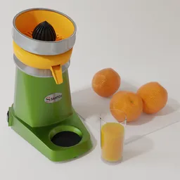 Detailed 3D rendering of an orange and green Santos juicer with oranges and a glass of juice, Blender 3D model.