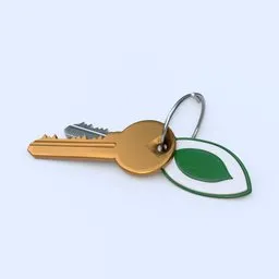"Detailed 3D modeled golden key with green leaf charm for Blender rendering, showcasing intricate design and realism."