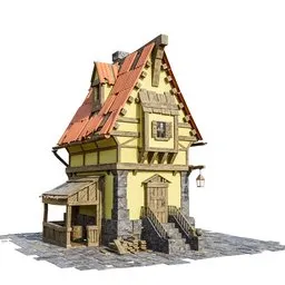 Detailed medieval-style 3D model of a timber-framed house, compatible with Blender, showcasing realistic textures and architecture.