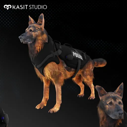 Detailed rigged and animated 3D police dog model, mid poly, 4096px textures, suitable for Blender PBR, with multiple poses.