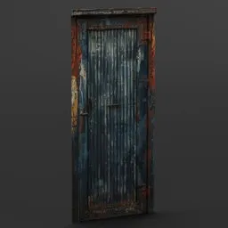 Weathered 3D model of a rusty metal shed door with peeling paint, suitable for Blender renderings and vintage scenes.