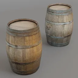Detailed 3D model of aged wooden wine barrels, ideal for Blender rendering and digital artwork.