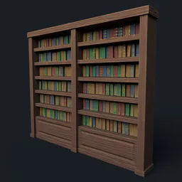 Low-poly Victorian-style bookshelf 3D model with antique books, optimized for Blender and game development.