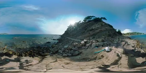 360-degree HDR panorama for scene lighting, late afternoon sun over ocean with rocky shoreline and vegetation.