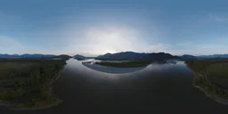 Panoramic HDR image of twilight sky reflecting on river with surrounding mountain views for 3D scene lighting.
