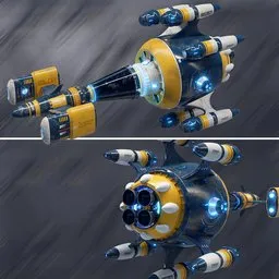 "3D model of a symmetrical yellow and black spacecraft created in Blender 3D. This model features mechanical details, inspired by Ivan Grohar, and is rendered in both blueshift and redshift with depth blur. Includes front and side views and is perfect for game design."