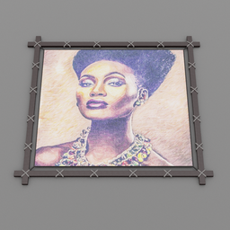 "3D model of a confident African woman with defined cheekbones wearing earrings and a necklace, displayed in a wooden frame for wall decoration. Created in Blender 3D software and suitable for medium-format printing. Perfect for adding cultural diversity to your design projects."