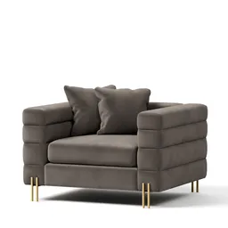 High-quality 3D model of a modern armchair with detailed cushions and metal legs, for Blender visualization.