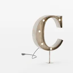 Detailed 3D render of a vintage-style marquee light shaped as letter C with bulbs and flexible cord.