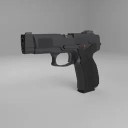 "Lowpoly MP-443 3D model with rig for Blender 3D - Equipment category. Detailed black gun on white surface rendered with Autodesk, with modular and cel shaded design. Perfect for game design and simulations."