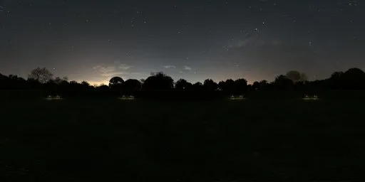 360-degree night garden HDR with trimmed hedges, purple flowers, perfect for lighting 3D scenes.