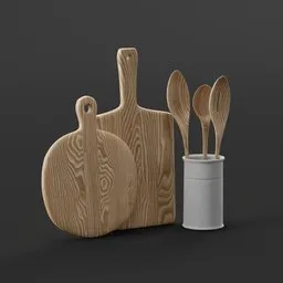 Realistic 3D-rendered kitchen utensils including finely detailed cutting boards and spatulas with wood textures, ideal for Blender 3D projects.