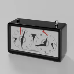 Detailed 3D model of a black analog chess clock with white dials and red hands for Blender rendering.
