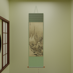 "Sesshu-style hanging scroll 3D model for Blender, depicting a traditional Japanese ink landscape."
