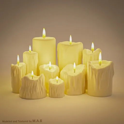 Variety of realistic 3D melted candles, Blender render, detailed textures, for candle simulation and interior design.