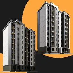 Detailed 3D multi-story apartment model with balconies and ground-floor retail space, designed for urban environments.